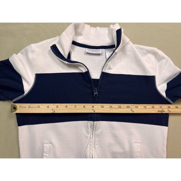 Villager Liz Claiborne Nautical Jacket Long Sleeve Navy White Stripe Zip Medium - Picture 7 of 11